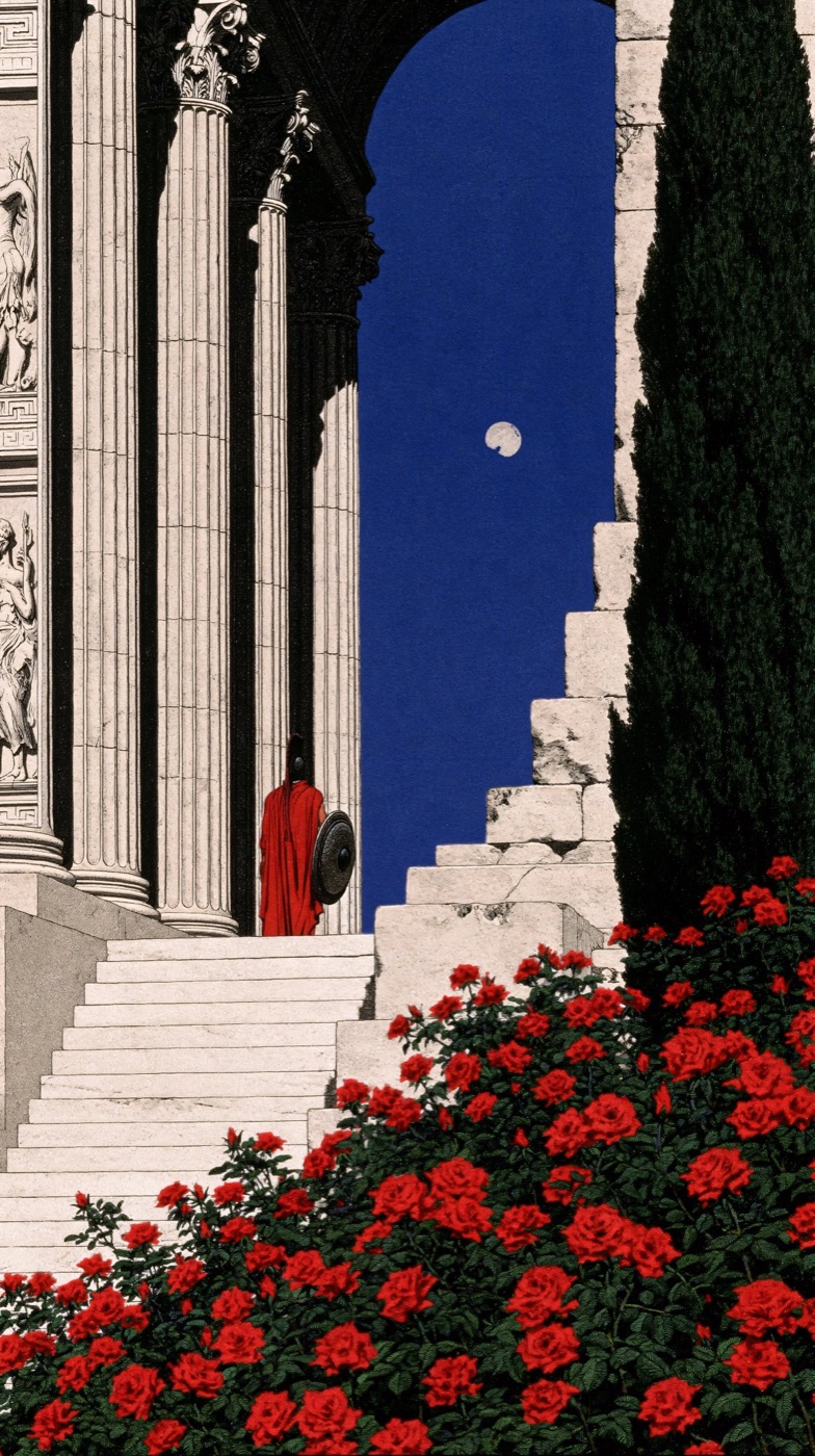 A figure in a red cloak on marble steps beneath an arch, a moon in a deep blue sky, red roses below
